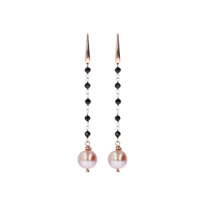 Black Spinel and Rose Pearl Dangle Earrings - BRONZALEUR