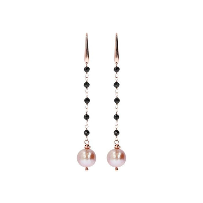 Black Spinel and Rose Pearl Dangle Earrings - BRONZALEUR