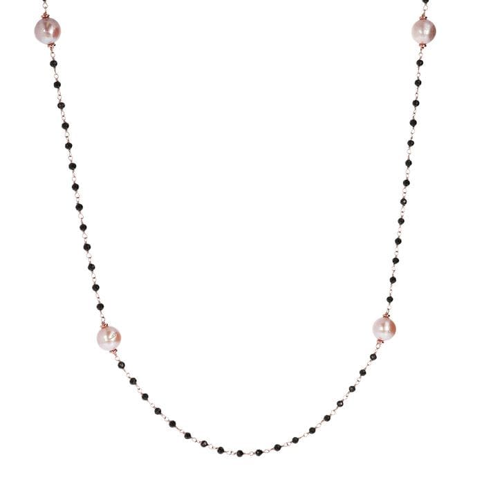 Black Spinel and Rose Pearl Long Necklace - BRONZALEUR