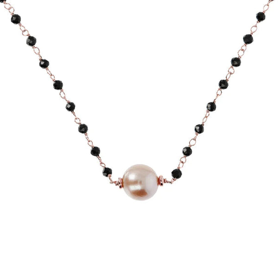 Black Spinel and Rose Pearl Necklace - BRONZALEUR NECKLACE