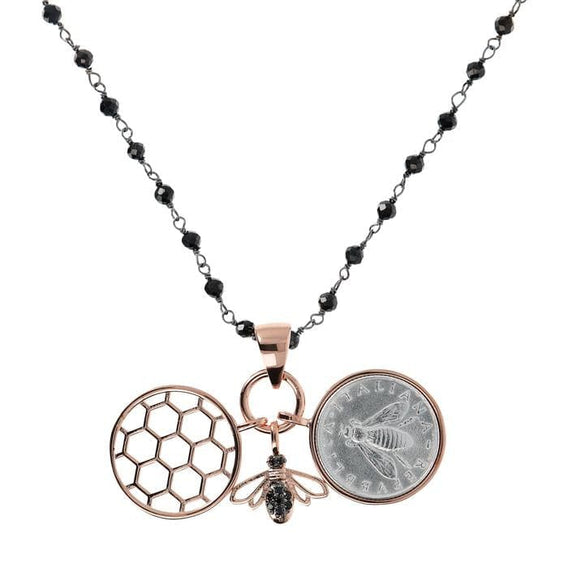 Three Pendants Necklace with Bee Coin and Hive - BRONZALEUR